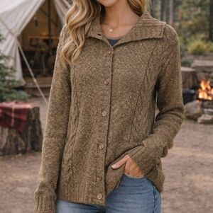 L.L. Bean Sweater Womens XL Wool Blend Chunky Cable Knit Button Front Cardigan